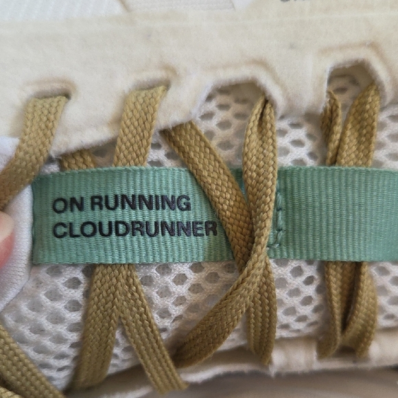 On Running Cloudrunner Sneakers in White, Mint and Tan - Picture 2 of 5